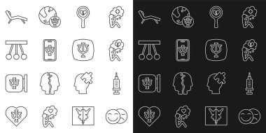 Set line Comedy and tragedy masks, Addiction to the drug, Broken heart or divorce, Psychologist online, Pendulum, Armchair and Psychology, Psi icon. Vector