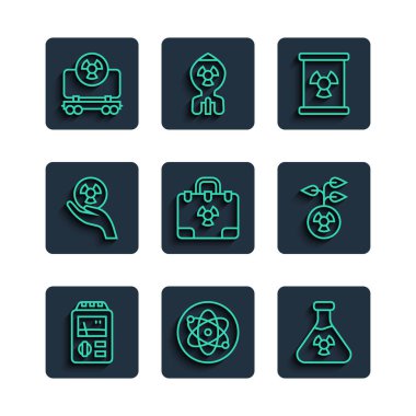 Set line Dosimeter, Atom, Test tube radiation, Radioactive waste in barrel, Radiation nuclear suitcase, cargo train and icon. Vector