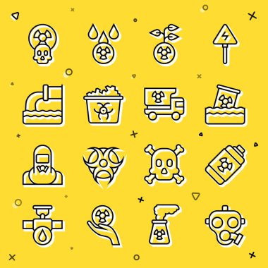 Set line Gas mask, Nuclear energy battery, Radioactive waste in barrel, Infectious, Wastewater, and Truck with radiation materials icon. Vector
