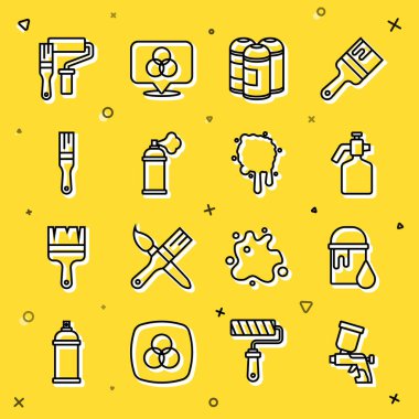 Set line Paint spray gun, bucket, can, brush, roller and icon. Vector