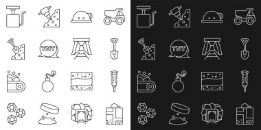 Set line Mine entrance, Construction jackhammer, Shovel, Miner helmet, Dynamite, and stone, Handle detonator and icon. Vector