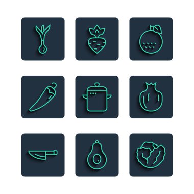 Set line Knife, Avocado, Cabbage, Orange fruit, Cooking pot, Hot chili pepper, Onion and Pomegranate icon. Vector