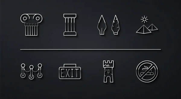 Set line Ancient column, Rope barrier, Egypt pyramids, Castle tower, Exit sign, No Smoking and Stone age arrow head icon. Vector — стоковий вектор