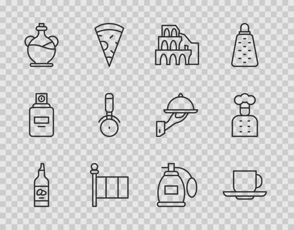 Set line Bottle of olive oil, Coffee cup, Coliseum in Rome, Flag Italy, Pizza knife, Perfume and Italian cook icon. Vector — Vector de stoc