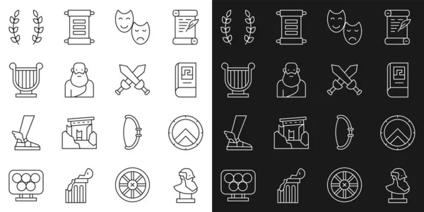 Set line Ancient bust sculpture, Greek shield, history book, Comedy and tragedy masks, Socrates, lyre, Laurel wreath and Crossed medieval sword icon. Vector — Image vectorielle