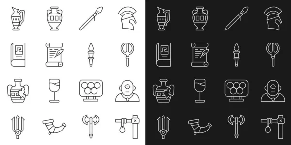 Set line Gallows, Cyclops, Neptune Trident, Medieval spear, Decree, parchment, scroll, Greek history book, Ancient amphorae and Torch flame icon. Vector — Vettoriale Stock