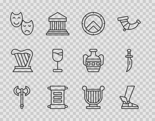 Set line Medieval axe, Hermes sandal, Greek shield, Decree, parchment, scroll, Comedy tragedy masks, Wine glass, Ancient lyre and Dagger icon. Vector — Stock Vector