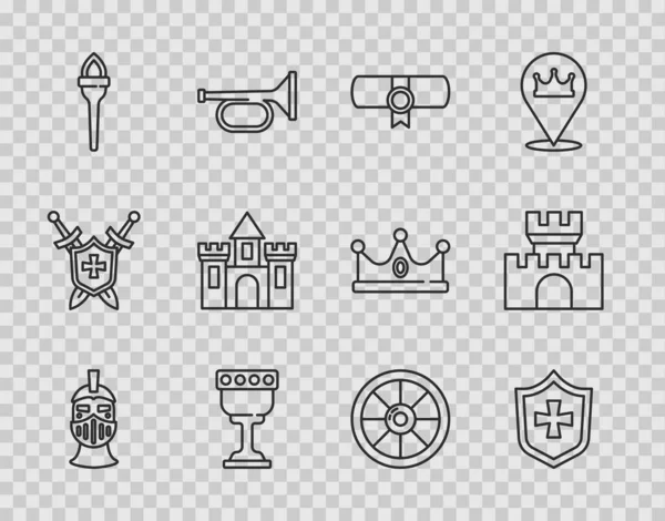 Set line Medieval iron helmet, Shield, Decree, parchment, scroll, goblet, Torch flame, Castle, fortress, Round wooden shield and icon. Vector — стоковый вектор