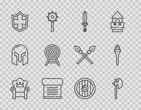 Set line Medieval throne, axe, sword, Decree, parchment, scroll, Shield, Target with arrow, Round wooden shield and Torch flame icon. Vector — Vetor de Stock