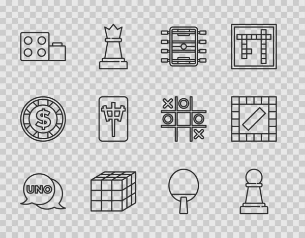 Set line Uno card game, Chess, Hockey table, Rubik cube, Toy building block bricks, Mahjong pieces, Racket and Board icon. Vector — Stockvector