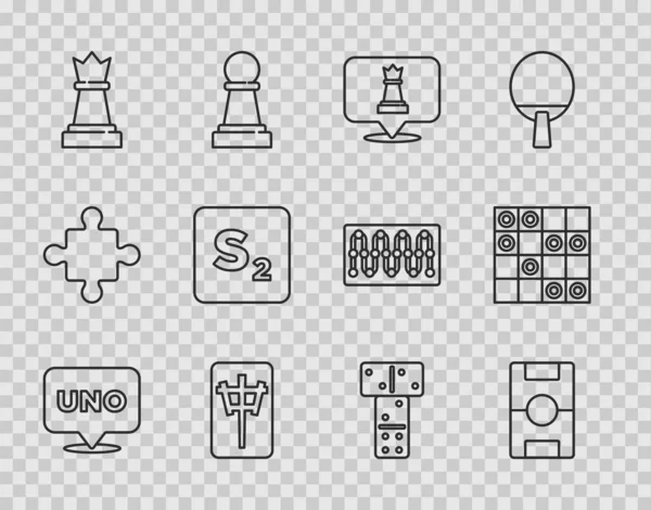 Set line Uno card game, Hockey table, Chess, Mahjong pieces, Bingo, Domino and Board of checkers icon. Vector — стоковый вектор