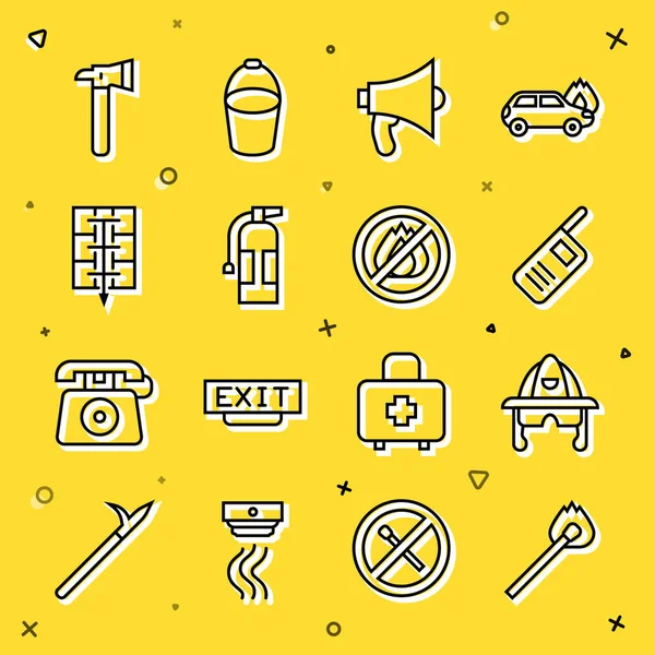 Set line Burning match with fire, Firefighter helmet, Walkie talkie, Megaphone, extinguisher, Evacuation plan, axe and No icon. Vector — Stockvector