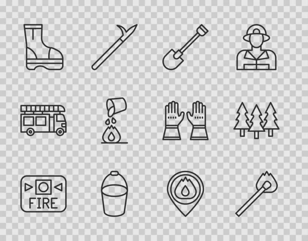 Set line Fire alarm system, Burning match with fire, shovel, bucket, boots, Bucket extinguishing, Location flame and Forest icon. Vector — Stok Vektör