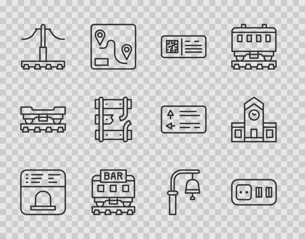 Set line Ticket office to buy tickets, Electrical outlet, QR code train, Restaurant, Railway, Broken rails on railway, Train station bell and icon. Vector — Image vectorielle