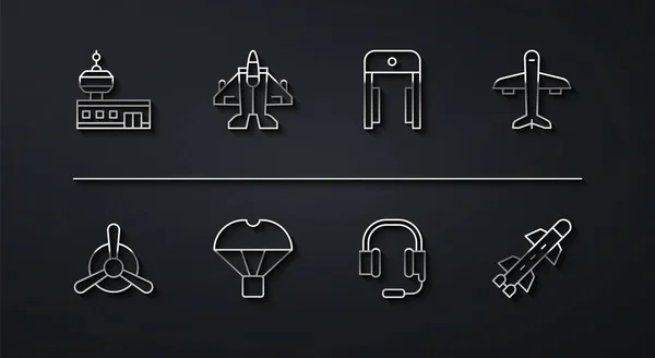 Set line Torre de control del aeropuerto, hélice de avión, auriculares con micrófono, paracaídas voladores Box, caza a reacción, cohete y detector de metales icono del aeropuerto. Vector — Archivo Imágenes Vectoriales