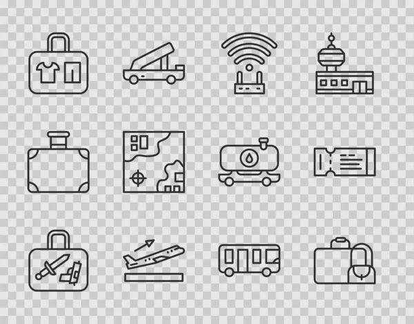 Set line Maleta, Router y señal wi-fi, Despegue de avión, Mapa de viajes del mundo, Autobús aeropuerto e icono de billete de avión. Vector — Archivo Imágenes Vectoriales