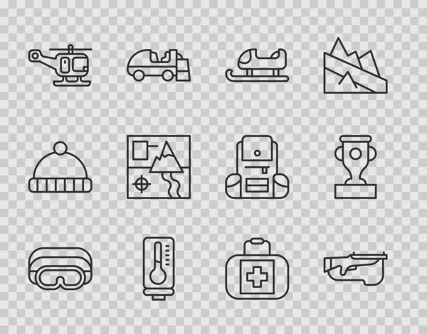 Set line Ski goggles, Biathlon rifle, Sled, Meteorology thermometer, Rescue helicopter, Folded map, First aid kit and Award cup icon. Vector — Wektor stockowy