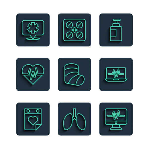 Set line Doctor appointment, Lungs, Monitor with cardiogram, Hand sanitizer bottle, Gypsum, Heart rate, Medical symbol of the Emergency and Laptop icon. Vector — Stockvector