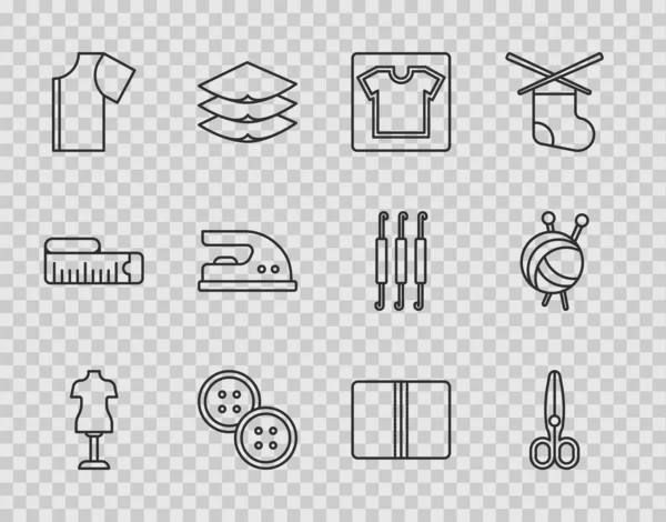 Set line Mannequin, Scissors, Sewing pattern, button, Electric iron, Textile fabric roll and Yarn ball with knitting needles icon. Vector — 图库矢量图片