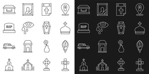 Set line Grave with cross, Lily flower, Church tower, Calendar death, Tear cry eye, Tombstone RIP written, Coffin and icon. Vector — Vector de stock