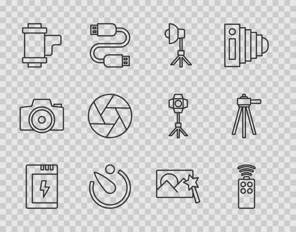 Set-Line-Akku für Kamera, Fernbedienung, Softbox-Licht, Kamera-Timer, Rollkassette, Verschluss, Fotoretusche und Stativ-Symbol. Vektor — Stockvektor