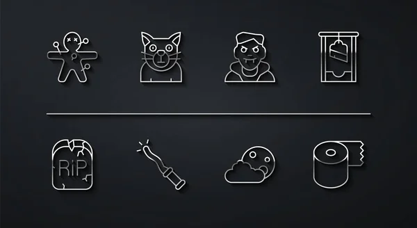 Set line Voodoo doll, Tombstone with RIP written, Guillotine, Moon and stars, Magic wand, Cat, Toilet paper roll and Vampire icon. Vector — Διανυσματικό Αρχείο