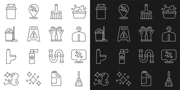 Set line Handle broom, Home cleaning service, Hanger wardrobe, Wet floor, Mop bucket, Trash can and Rubber gloves icon. Vector — Image vectorielle