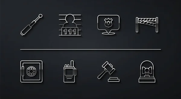 Set line Telescopic baton, Safe, Crime scene, Judge gavel, Walkie talkie, Suspect criminal, Flasher siren and Police badge icon. Vector — стоковый вектор