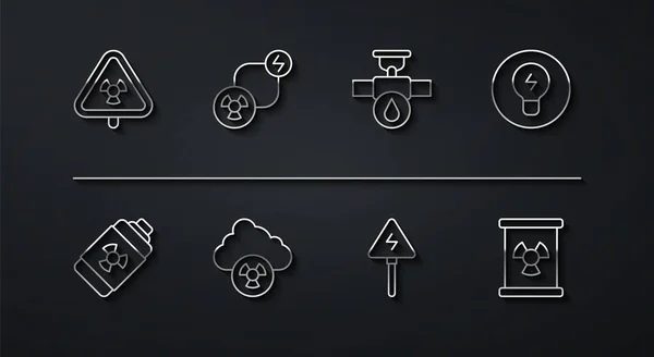 Ställ linje Triangel med strålning, glödlampa koncept idé, Högspänningsskylt, Syra regn och radioaktivt moln, Radioaktivt utbyte, avfall fat och industri rör ventil ikon. Vektor — Stock vektor