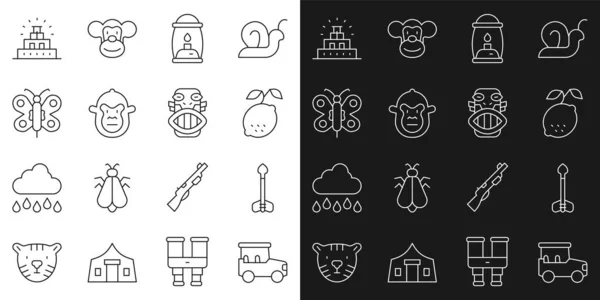Set line Safari car, Arrow, Lemon, Camping lantern, Monkey, Butterfly, Chichen Itza Mayan and Mexican mayan or aztec mask icon. Vector — Stok Vektör