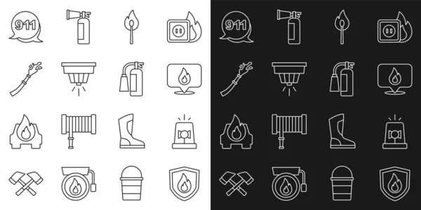 Set line Fire protection shield, Flasher siren, Location with fire flame, Burning match, Smoke alarm system, hose reel, Emergency call 911 and extinguisher icon. Vector — Vettoriale Stock