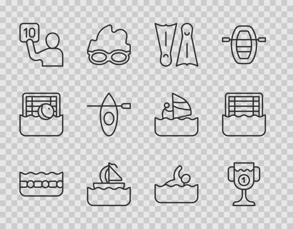 Set line Swimming pool, Award cup, Flippers for swimming, Yacht sailboat, Assessment of judges, Kayak and paddle, Swimmer and Water polo icon. Vector — Stockový vektor