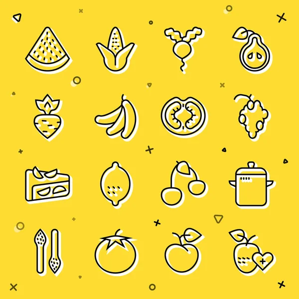 Set line Fruta sana, olla de cocina, uva, rábano, plátano, nabo, sandía y tomate icono. Vector — Archivo Imágenes Vectoriales