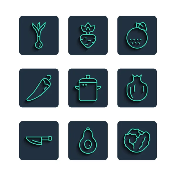 Set line Knife, Avocado, Cabbage, Orange fruit, Cooking pot, Hot chili pepper, Onion and Pomegranate icon. Vector — стоковый вектор
