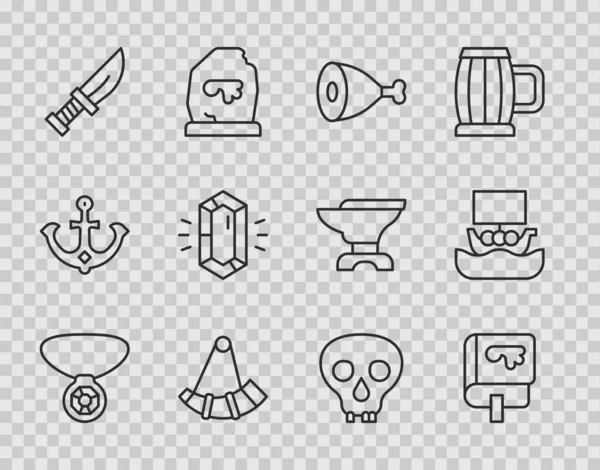 Set line Necklace with gem, Viking book, Chicken leg, Hunting horn, Dagger, Gem stone, Skull and ship Drakkar icon. Vector — Vector de stock