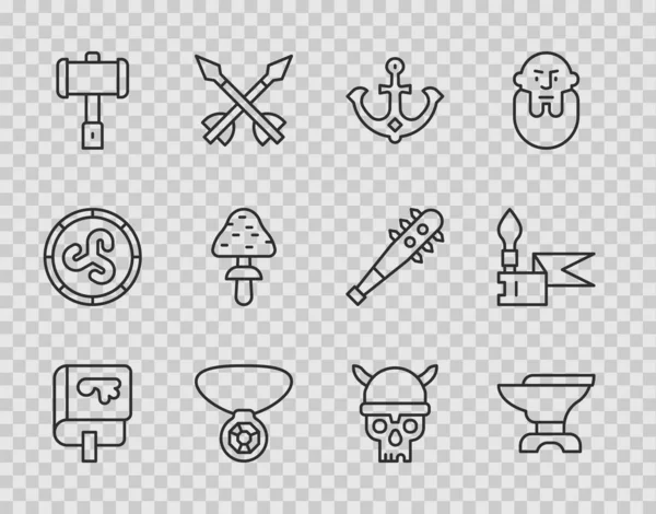 Set line Viking book, Anvil for blacksmithing, Anchor, Necklace with gem, Battle hammer, Mushroom, Skull viking helmet and Medieval spear icon. Vector — Stockvektor