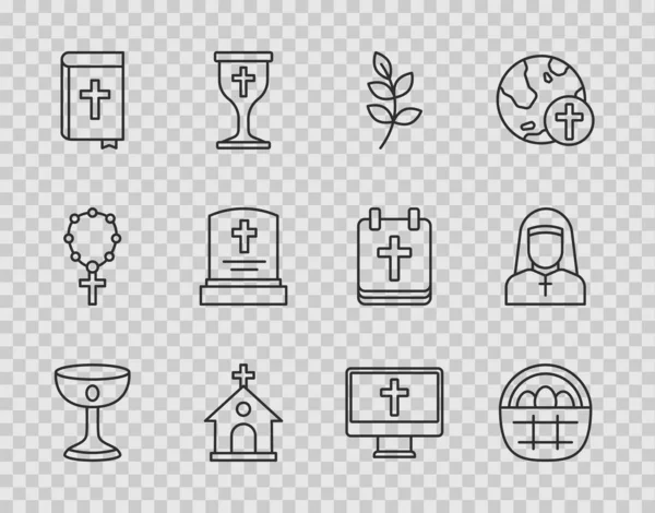 Set line Christian chalice, Basket with easter eggs, Willow leaf, Church building, Holy bible book, Grave tombstone, cross monitor and Nun icon. Vector — Vetor de Stock