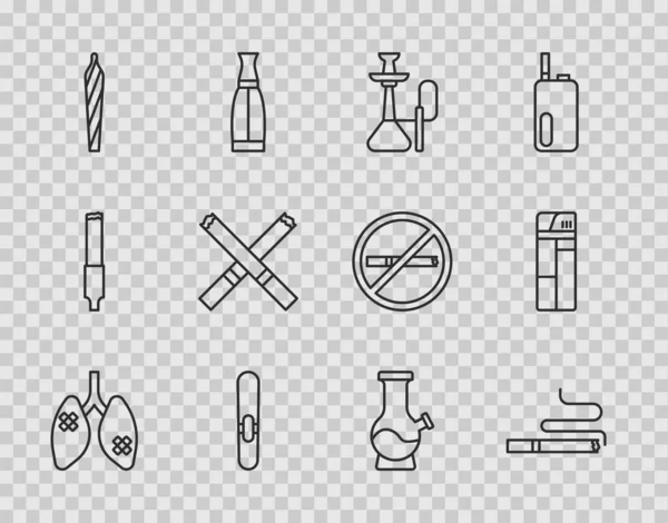 Set line Disease lungs, Cigarette, Hookah, Marijuana joint, spliff, Bong and Lighter icon. Vector — Archivo Imágenes Vectoriales