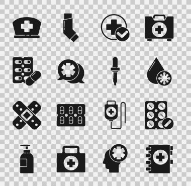 Set Medical clipboard, Pills in blister pack, Blood test and virus, Cross hospital medical, Dialogue with the doctor, Nurse hat cross and Pipette icon. Vector