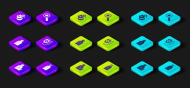 Set Bottle of medicine syrup, Hand sanitizer bottle, IV bag, Magnifying glass for search medical and Medicine pill tablet icon. Vector