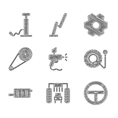 Set Paint spray gun, Car wash, Steering wheel, Tire pressure gauge, muffler, Timing belt kit, Gear and air pump icon. Vector