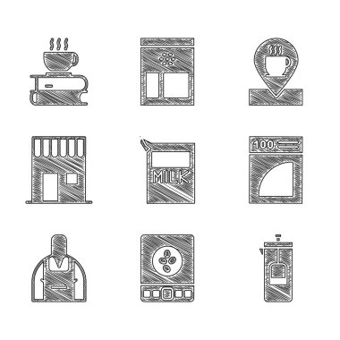 Set Paper package for milk, Electronic coffee scales, French press, Coffee paper filter, Barista, shop, Location with cup and and book icon. Vector