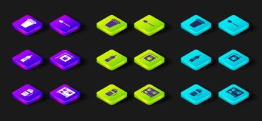 Set French press, Coffee machine, Bottle water, Street signboard coffee, Spoon and cup to go icon. Vector