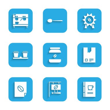 Set Coffee jar bottle, Street signboard coffee, book, Bag beans, poster, cup to go, Medal for and machine icon. Vector