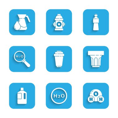 Set Water filter cartridge, Chemical formula for H2O, Glass with water, Big bottle clean, Bottle of and Jug glass icon. Vector