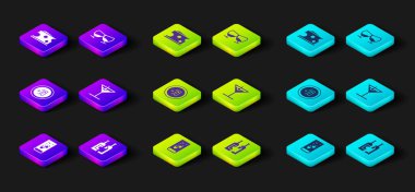 Set Effervescent tablets in water, Bottles of wine, Alcohol 18 plus, Martini glass, Glass cognac or brandy and Cheese icon. Vector