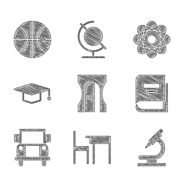 Set Pencil sharpener, School table and chair, Microscope, Book, Bus, Graduation cap, Atom and Basketball ball icon. Vector