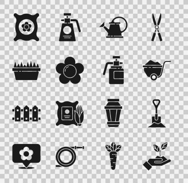 Set Plant in hand of environmental, Shovel the ground, Wheelbarrow with dirt, Watering can, Flower, Fresh grass rectangular, Pack full seeds plant and Garden sprayer for fertilizer icon. Vector