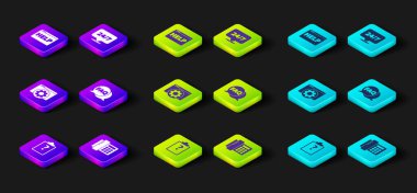 Set Clipboard with question marks, Telephone, Browser setting, Speech bubble FAQ, Clock 24 hours and help icon. Vector