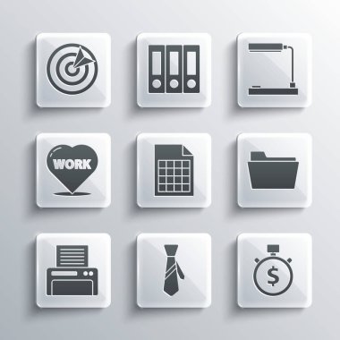 Set Tie, Time is money, Document folder, File document, Printer, Heart with text work, Target sport and Table lamp icon. Vector